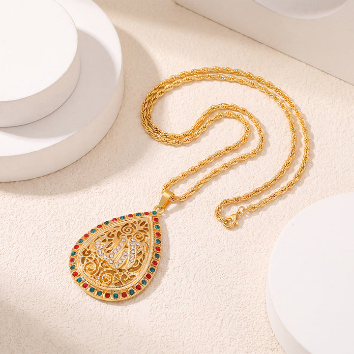 ilalHaven Allah Teardrop Filigree Alloy Enamel Rhinestone Twisted Rope Necklace - Golden - image 3