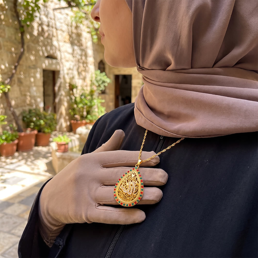 ilalHaven Allah Teardrop Filigree Alloy Enamel Rhinestone Twisted Rope Necklace - image 4
