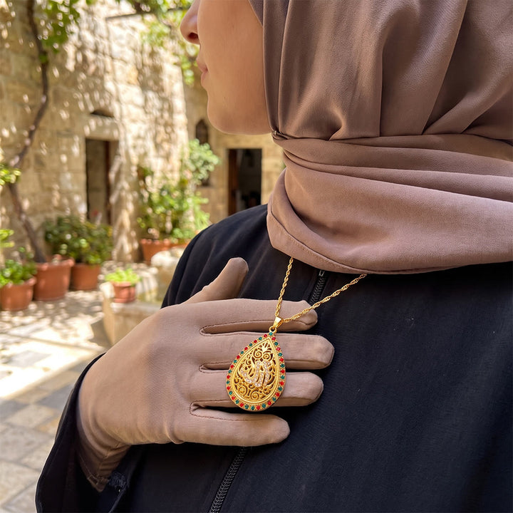ilalHaven Allah Teardrop Filigree Alloy Enamel Rhinestone Twisted Rope Necklace - image 4