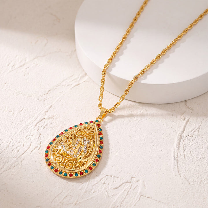 ilalHaven Allah Teardrop Filigree Alloy Enamel Rhinestone Twisted Rope Necklace - image 2