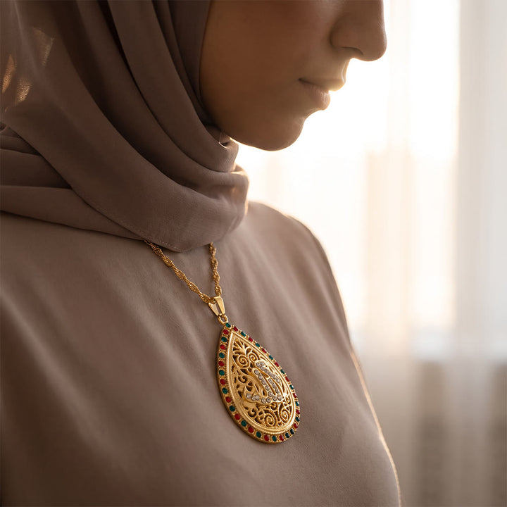 ilalHaven Allah Teardrop Filigree Alloy Enamel Rhinestone Twisted Rope Necklace - image 5