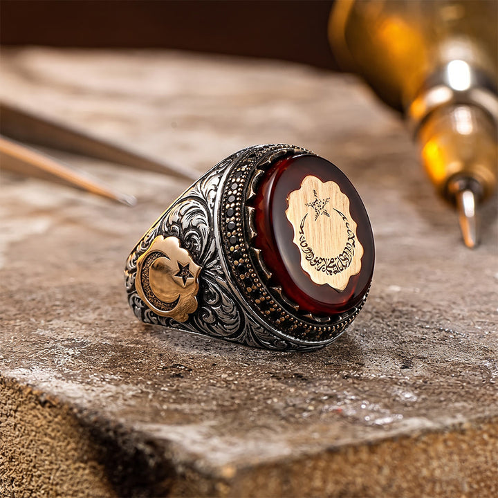 HilalHaven Crescent Moon Crimson Seal Electroplated Statement Ring - US 13 - image 0