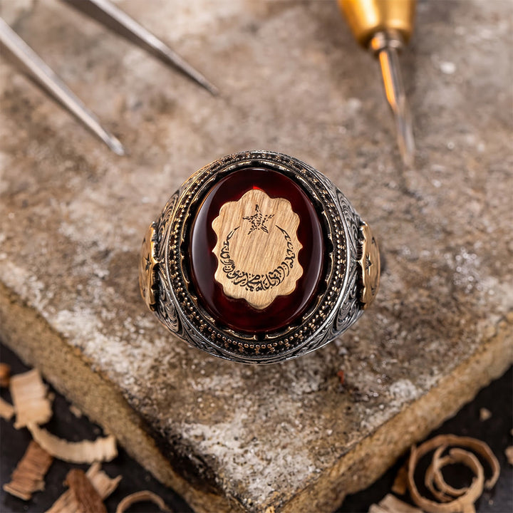 HilalHaven Crescent Moon Crimson Seal Electroplated Statement Ring - image 4