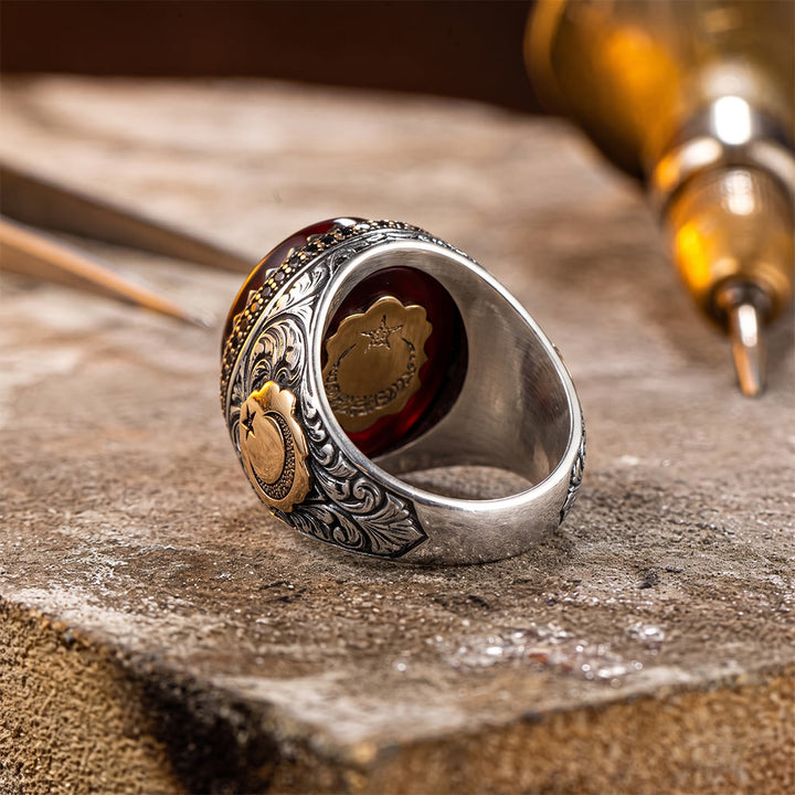 HilalHaven Crescent Moon Crimson Seal Electroplated Statement Ring - image 3