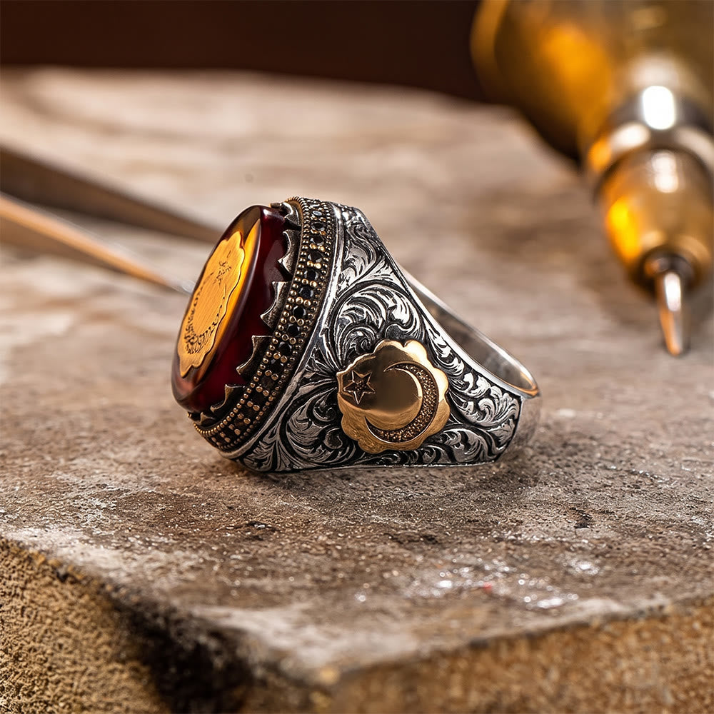 HilalHaven Crescent Moon Crimson Seal Electroplated Statement Ring - image 2
