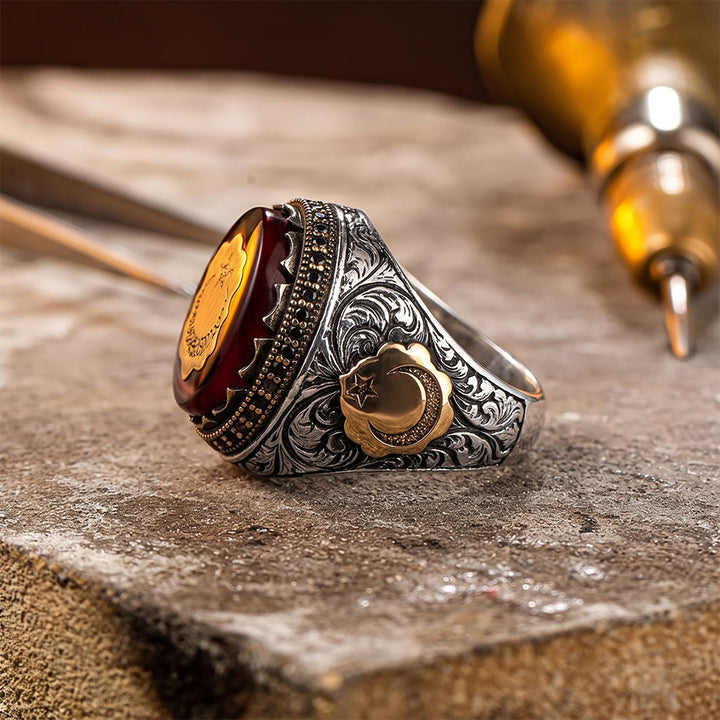HilalHaven Crescent Moon Crimson Seal Electroplated Statement Ring - image 2