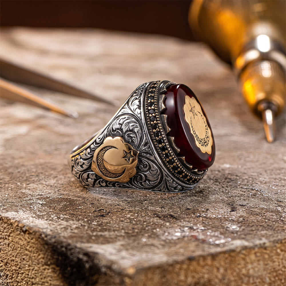 HilalHaven Crescent Moon Crimson Seal Electroplated Statement Ring - image 1