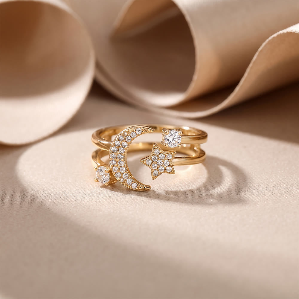 HilalHaven Crescent Moon Gleam Copper Gold Plated Open Cuff Crescent Moon Star Ring - Golden - image 1