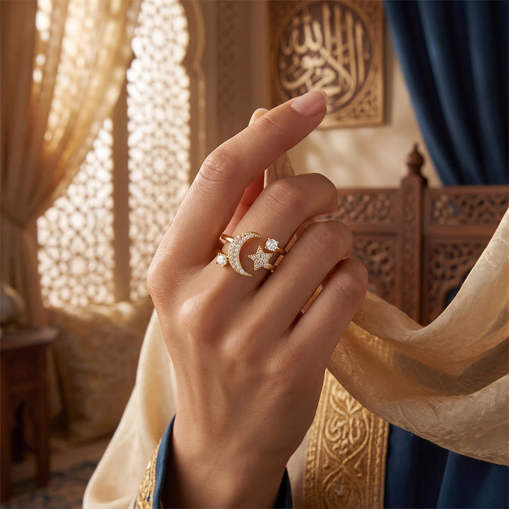 HilalHaven Crescent Moon Gleam Copper Gold Plated Open Cuff Crescent Moon Star Ring - image 9
