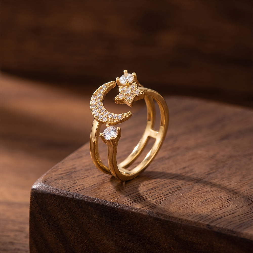HilalHaven Crescent Moon Gleam Copper Gold Plated Open Cuff Crescent Moon Star Ring - image 2