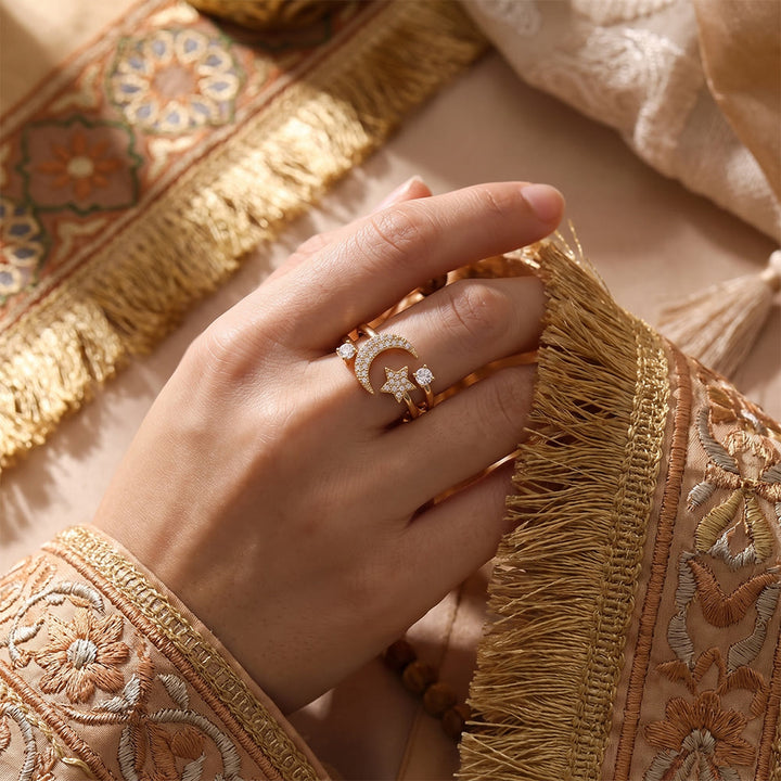 HilalHaven Crescent Moon Gleam Copper Gold Plated Open Cuff Crescent Moon Star Ring - image 8