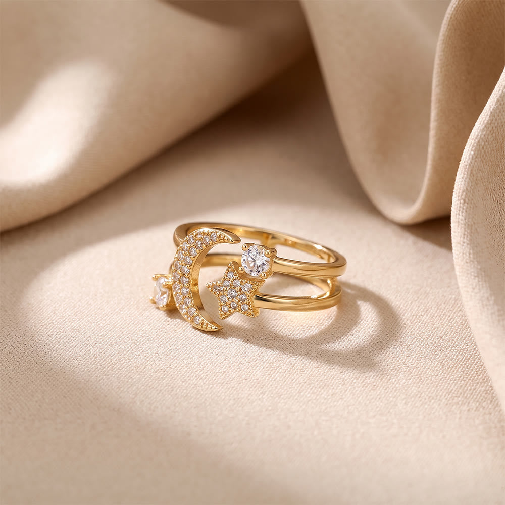HilalHaven Crescent Moon Gleam Copper Gold Plated Open Cuff Crescent Moon Star Ring - image 3