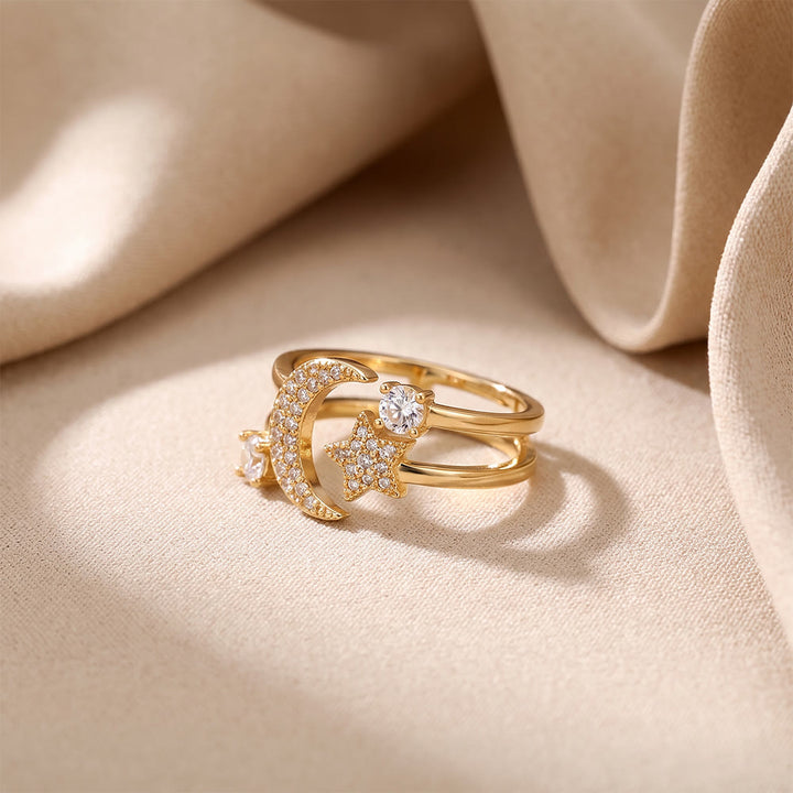 HilalHaven Crescent Moon Gleam Copper Gold Plated Open Cuff Crescent Moon Star Ring - image 3