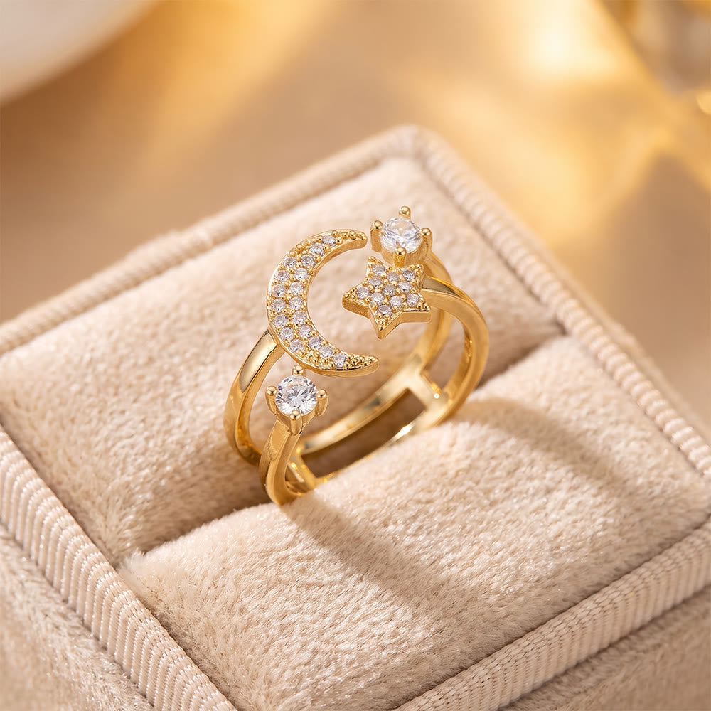 HilalHaven Crescent Moon Gleam Copper Gold Plated Open Cuff Crescent Moon Star Ring - image 4