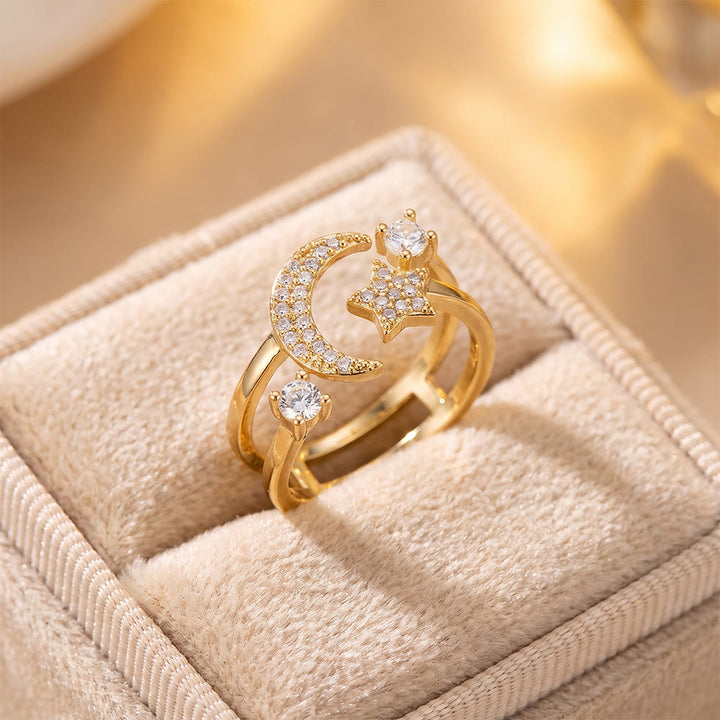 HilalHaven Crescent Moon Gleam Copper Gold Plated Open Cuff Crescent Moon Star Ring - image 4