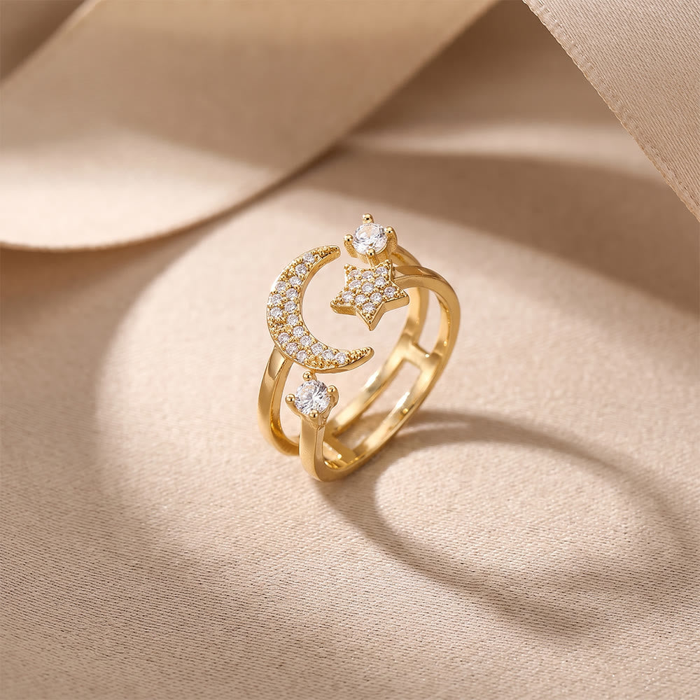 HilalHaven Crescent Moon Gleam Copper Gold Plated Open Cuff Crescent Moon Star Ring - image 6
