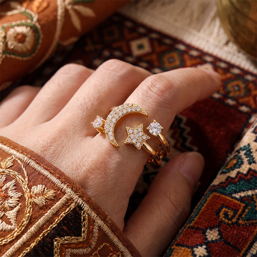 HilalHaven Crescent Moon Gleam Copper Gold Plated Open Cuff Crescent Moon Star Ring - image 0