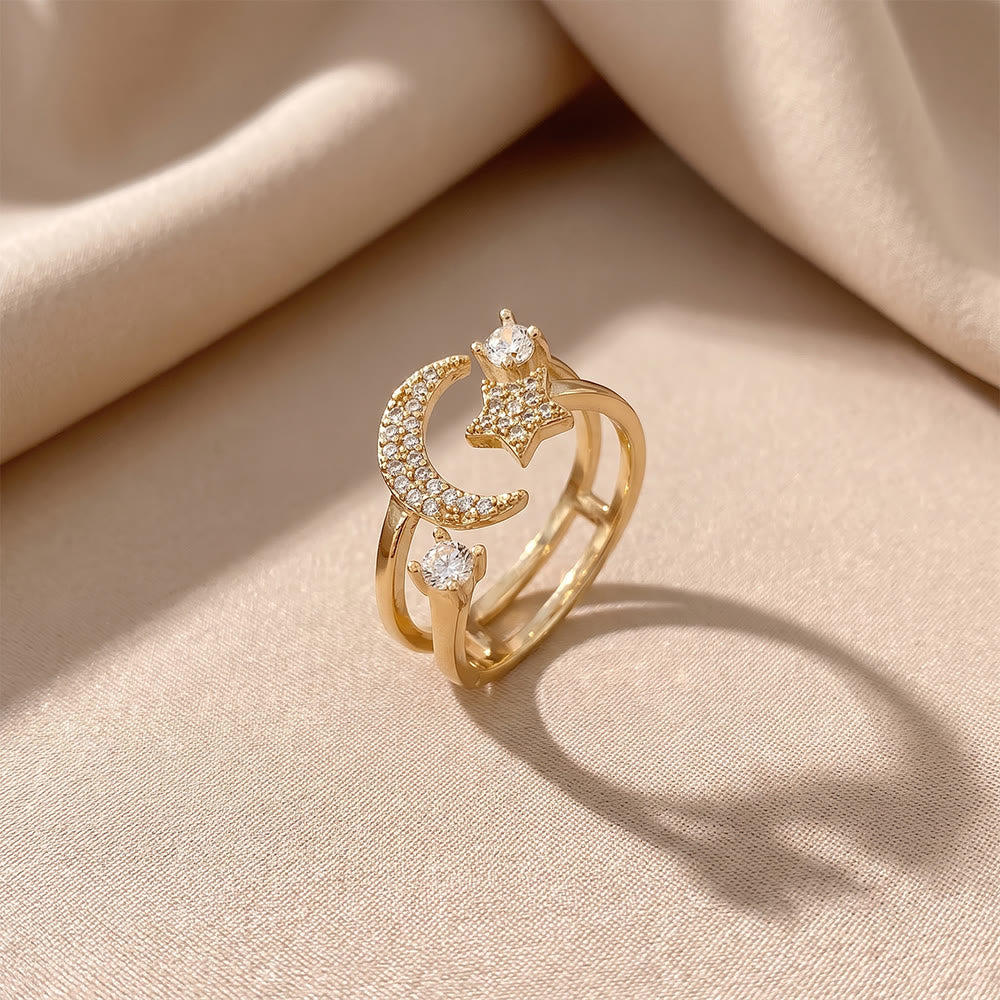 HilalHaven Crescent Moon Gleam Copper Gold Plated Open Cuff Crescent Moon Star Ring - image 7