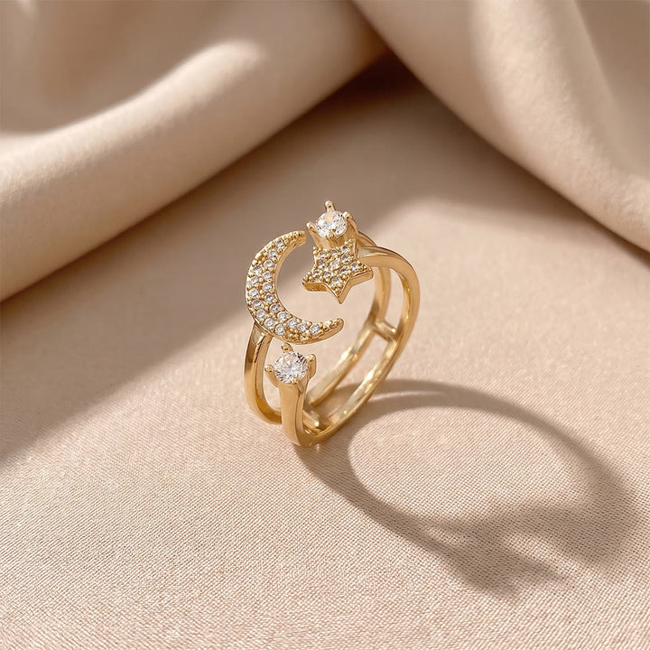 HilalHaven Crescent Moon Gleam Copper Gold Plated Open Cuff Crescent Moon Star Ring - image 7