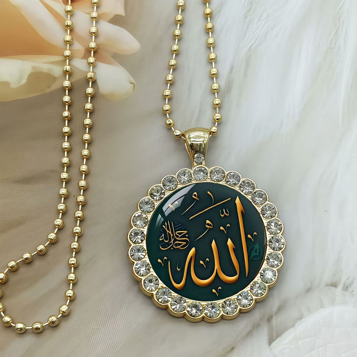 HilalHaven Allah Emerald Medallion Rhinestone Enamel Alloy Necklace &amp; Keychain Set - Necklace - image 6