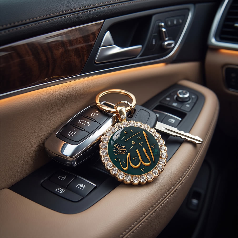 HilalHaven Allah Emerald Medallion Rhinestone Enamel Alloy Necklace &amp; Keychain Set - image 3