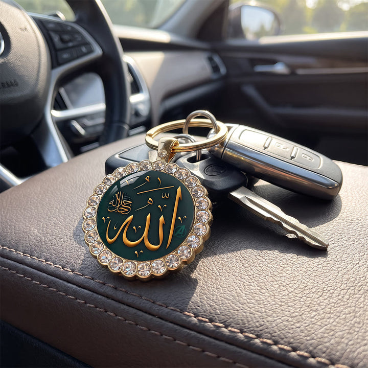 HilalHaven Allah Emerald Medallion Rhinestone Enamel Alloy Necklace &amp; Keychain Set - image 10