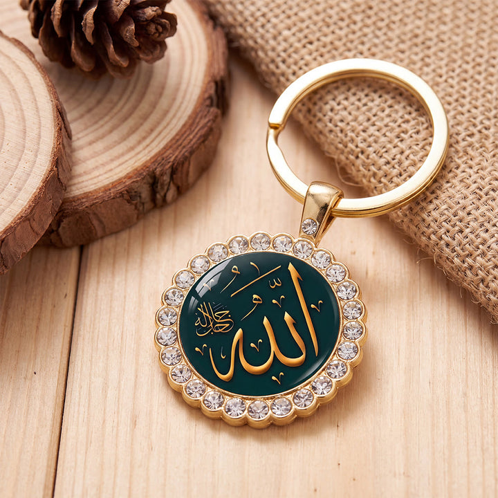 HilalHaven Allah Emerald Medallion Rhinestone Enamel Alloy Necklace &amp; Keychain Set - image 4