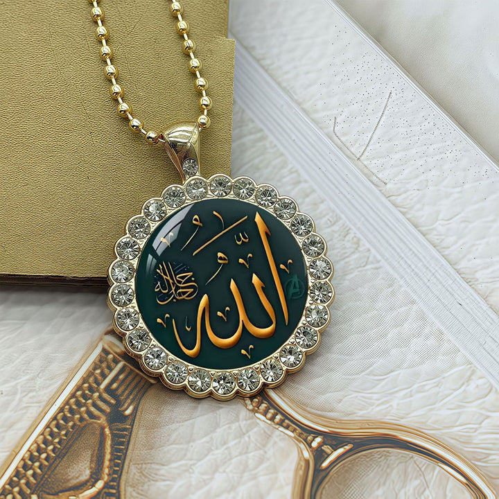 HilalHaven Allah Emerald Medallion Rhinestone Enamel Alloy Necklace &amp; Keychain Set - image 7