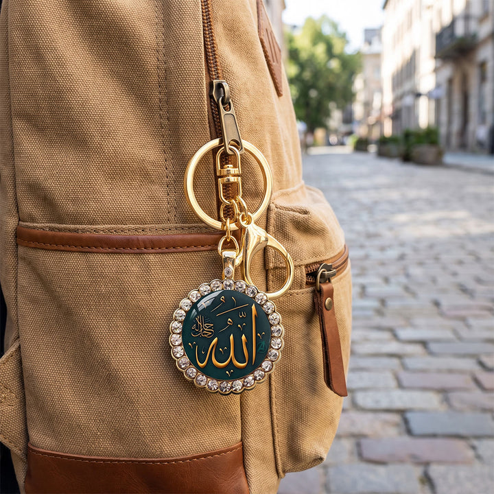 HilalHaven Allah Emerald Medallion Rhinestone Enamel Alloy Necklace &amp; Keychain Set - image 2