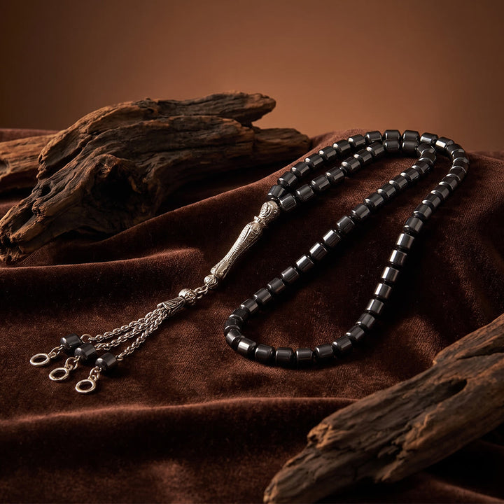 HilalHaven Dark Rock Classical Islamic Prayer Beads with Ornate Metal Tassel Handmade Stone Tasbih - image 1
