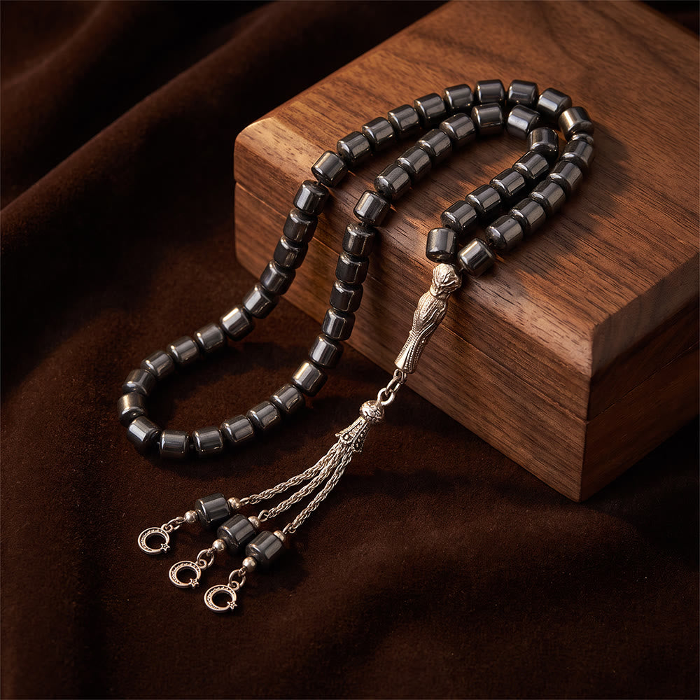 HilalHaven Dark Rock Classical Islamic Prayer Beads with Ornate Metal Tassel Handmade Stone Tasbih - Black - image 0