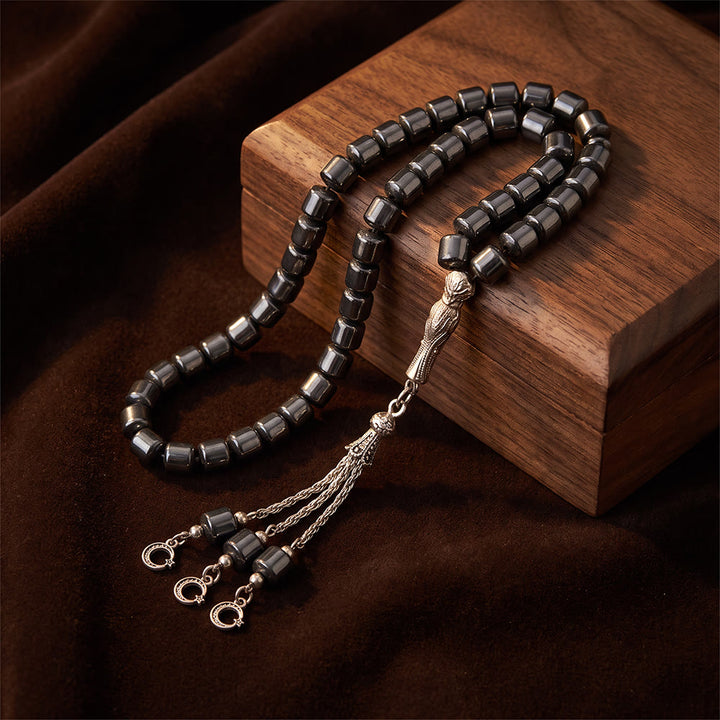 HilalHaven Dark Rock Classical Islamic Prayer Beads with Ornate Metal Tassel Handmade Stone Tasbih - Black - image 0