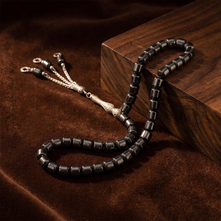 HilalHaven Dark Rock Classical Islamic Prayer Beads with Ornate Metal Tassel Handmade Stone Tasbih - image 3