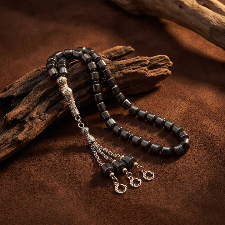 HilalHaven Dark Rock Classical Islamic Prayer Beads with Ornate Metal Tassel Handmade Stone Tasbih - image 2