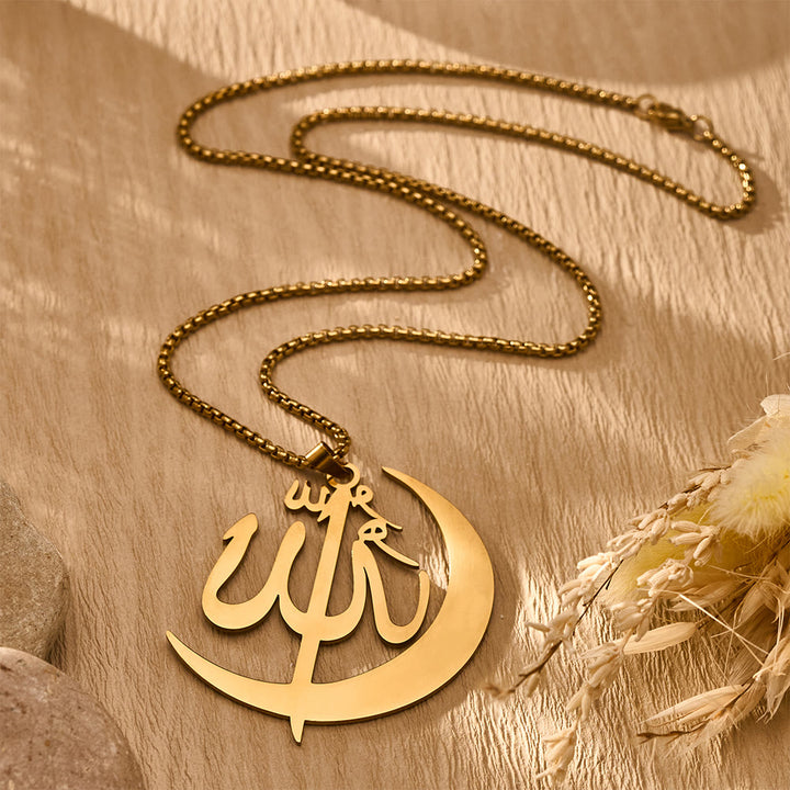HilalHaven Allah Crescent Script Silhouette Electroplated Stainless Steel Unisex Necklace - Golden - image 3