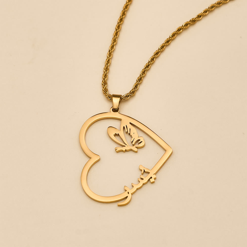 HilalHaven "Hubb-Love" Soul Flutter" Heart Butterfly Arabic Script Titanium Steel Necklace - image 5
