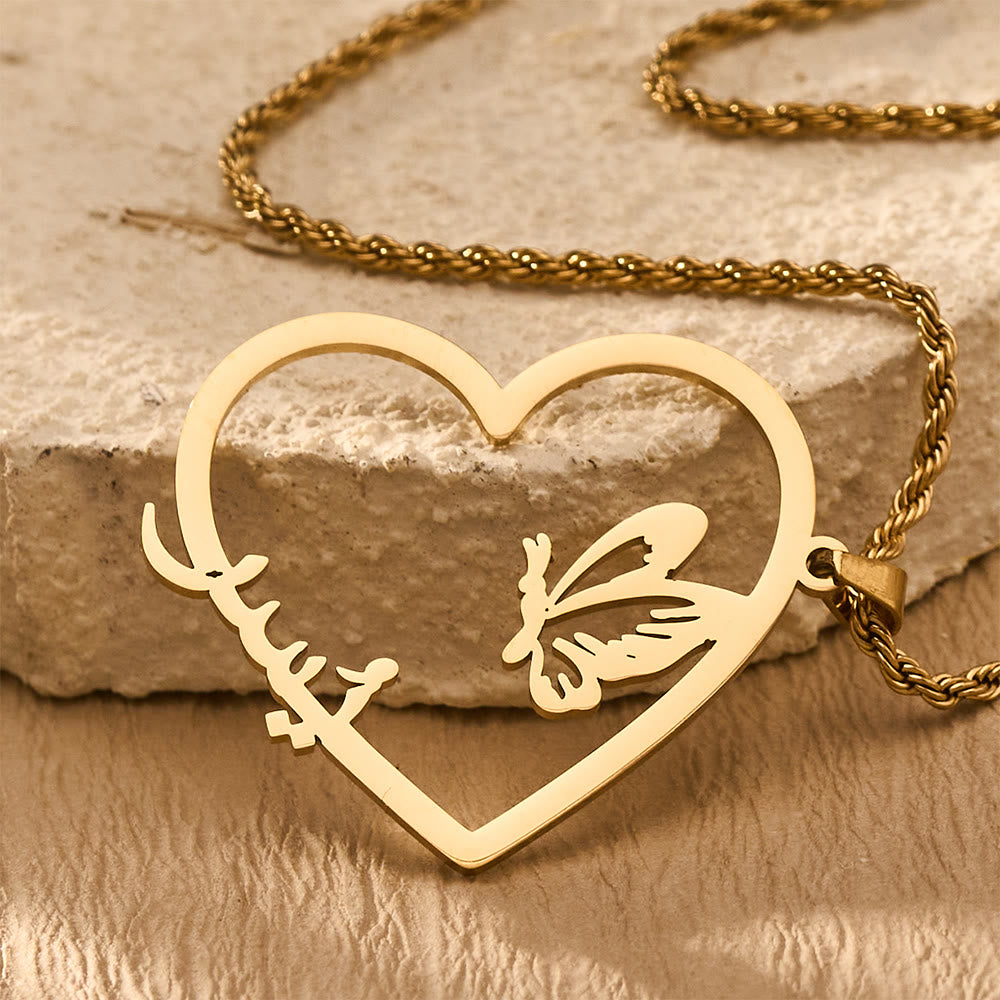 HilalHaven "Hubb-Love" Soul Flutter" Heart Butterfly Arabic Script Titanium Steel Necklace - image 2