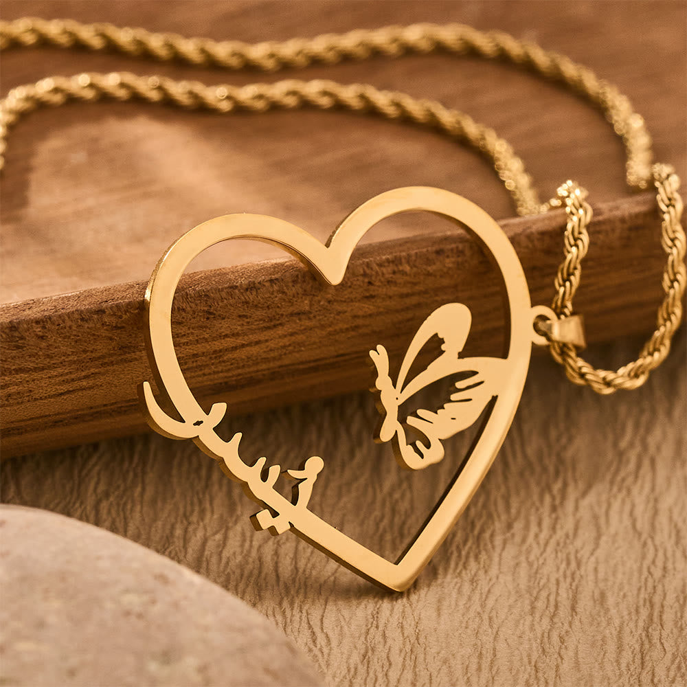 HilalHaven "Hubb-Love" Soul Flutter" Heart Butterfly Arabic Script Titanium Steel Necklace - image 1