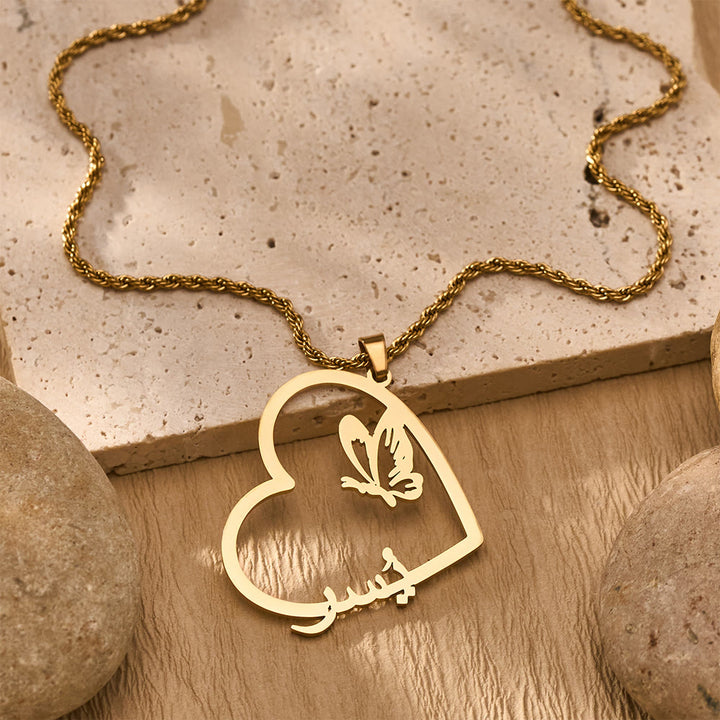 HilalHaven "Hubb-Love" Soul Flutter" Heart Butterfly Arabic Script Titanium Steel Necklace - image 3