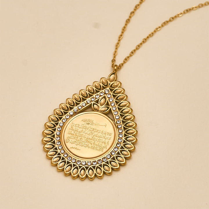 HilalHaven Ayatul Kursi Teardrop Lace Rhinestone Framed Scripture Titanium Steel Pendant Necklace - image 5