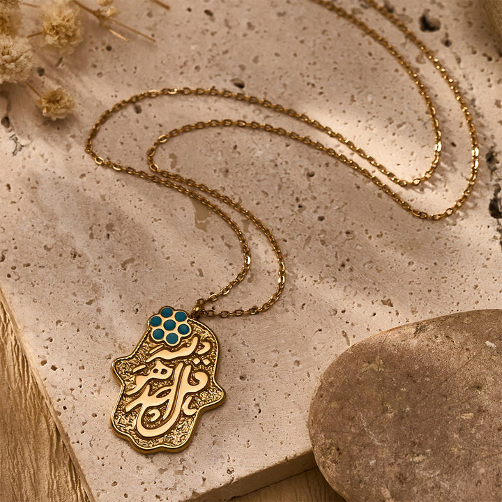 HilalHaven Hamsa Azure Enamel Arabic Calligraphy Titanium Steel Pendant Necklace - Golden - image 4