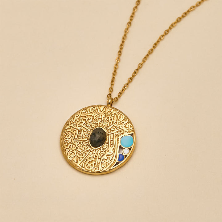 HilalHaven Ayatul Kursi Medallion Gem Inlaid Stone Embossed Script Titanium Steel Pendant Necklace - image 5