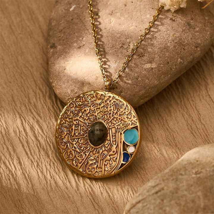 HilalHaven Ayatul Kursi Medallion Gem Inlaid Stone Embossed Script Titanium Steel Pendant Necklace - image 0