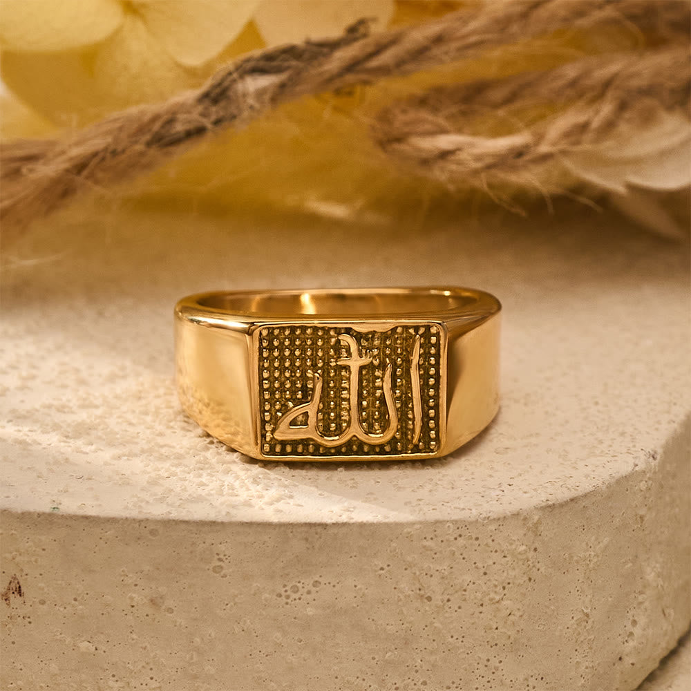 HilalHaven Allah Square Seal Embossed Script Titanium Steel Signet Ring - US 12 - image 1