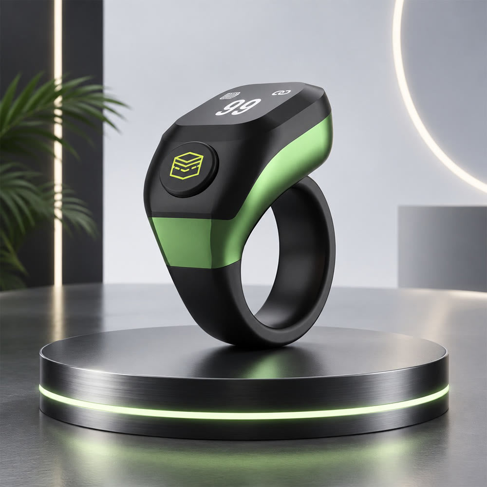 HilalHaven Serene Remembrance The Kaaba Smart Zikr Counting Digital Tasbih Ring - Green - image 0