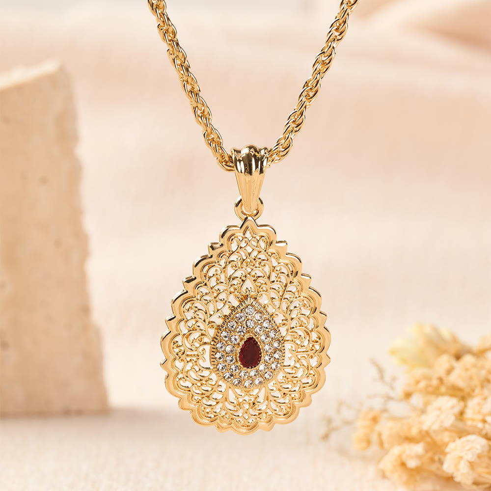 HilalHaven Palace Filigree Gem Zinc Alloy Necklace — Vintage Hollow‑Mesh Teardrop Pendant with Twisted Rope Chain - image 2