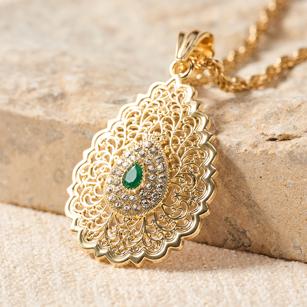 HilalHaven Palace Filigree Gem Zinc Alloy Necklace — Vintage Hollow‑Mesh Teardrop Pendant with Twisted Rope Chain - image 11