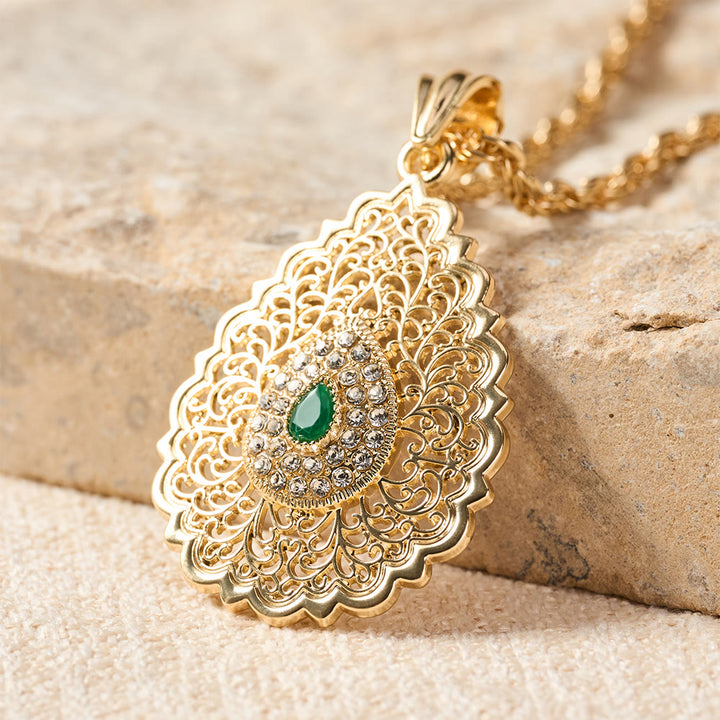 HilalHaven Palace Filigree Gem Zinc Alloy Necklace — Vintage Hollow‑Mesh Teardrop Pendant with Twisted Rope Chain - image 11