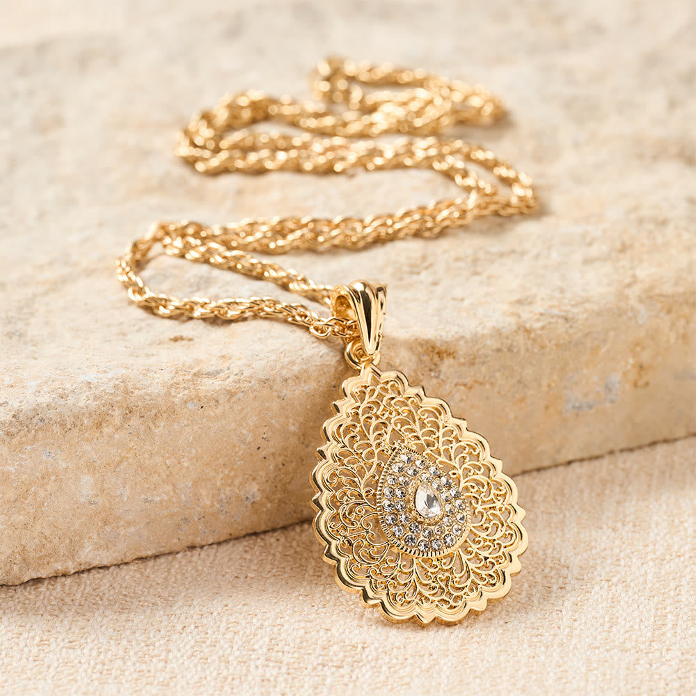 HilalHaven Palace Filigree Gem Zinc Alloy Necklace — Vintage Hollow‑Mesh Teardrop Pendant with Twisted Rope Chain - image 19