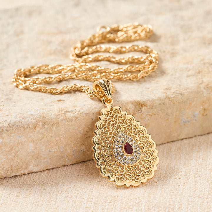 HilalHaven Palace Filigree Gem Zinc Alloy Necklace — Vintage Hollow‑Mesh Teardrop Pendant with Twisted Rope Chain - image 6